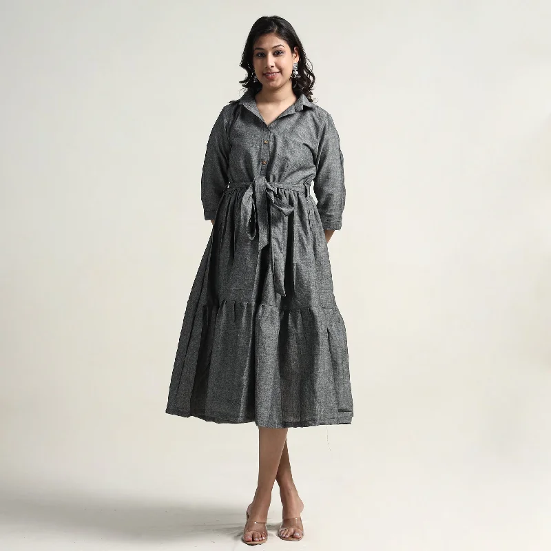 Grey - Plain Handloom Cotton Collared Neck Flare Dress