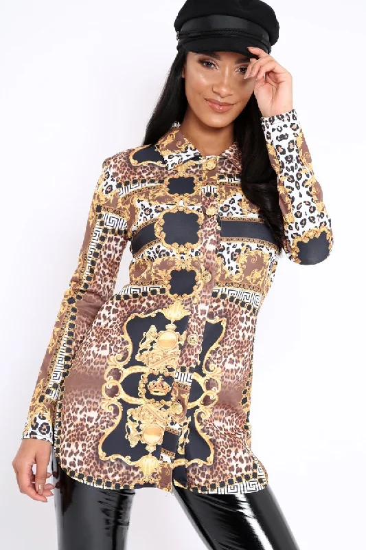 Black and Gold Scarf Print Button Front Shirt Dress - Nyanna