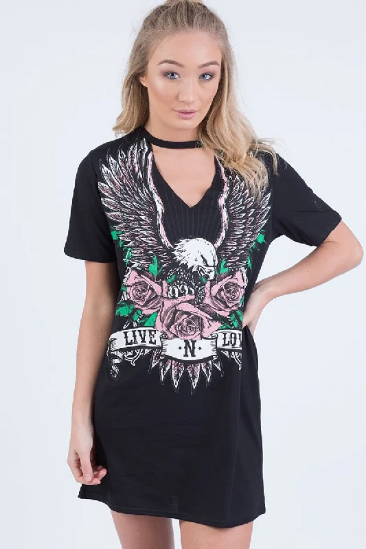 Black Choker Live N Love Eagle Print T Shirt Dress - Tia