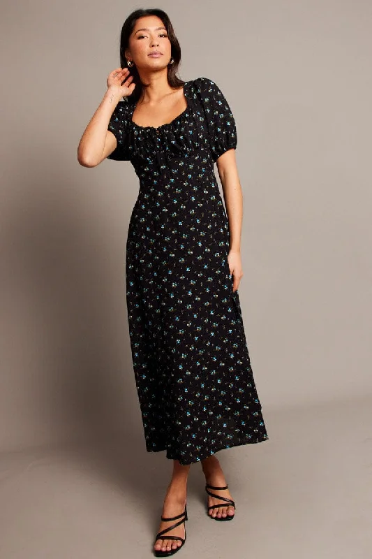 Black Ditsy Midi Dress Short Sleeve Side Split