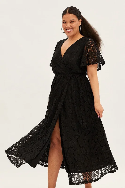 Black Maxi Dress Short Sleeve V-neck Lace