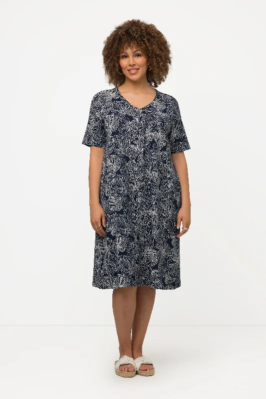 Black Monstera Print Short Sleeve Midi Dress