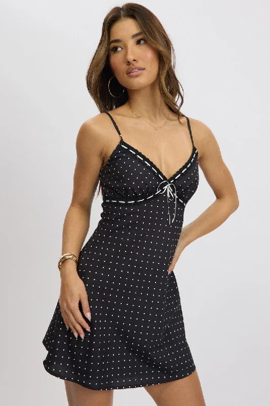 Black Polka Dot Mini Dress V-Neck Strappy