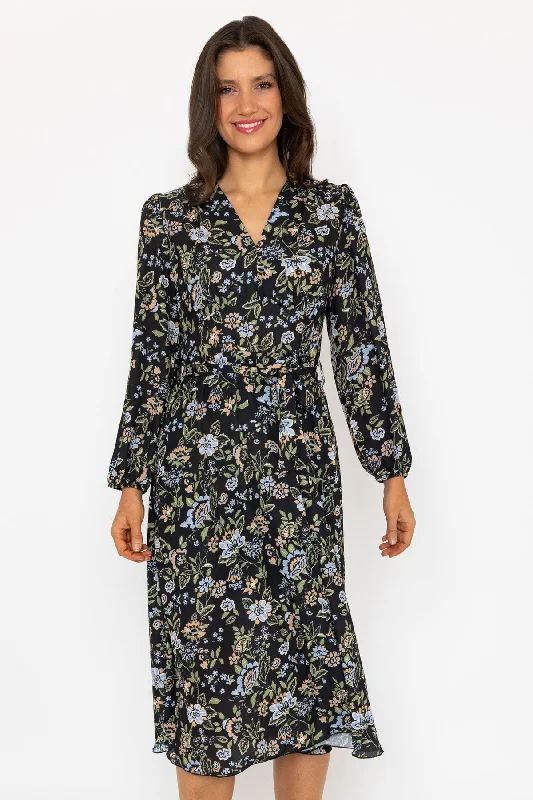 Black Print Long Sleeve Sinead Midi Dress