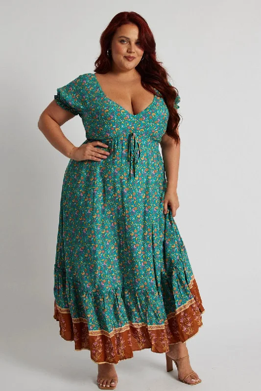 Blue Boho Maxi Dress Short Sleeve Tie Front Frill Hem