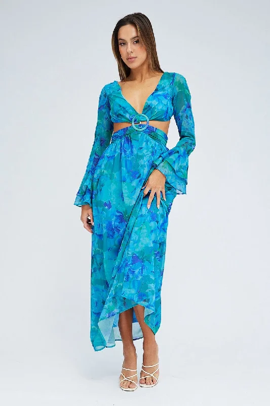 Blue Floral Maxi Dress Flared Sleeve Ring Detail Chiffon