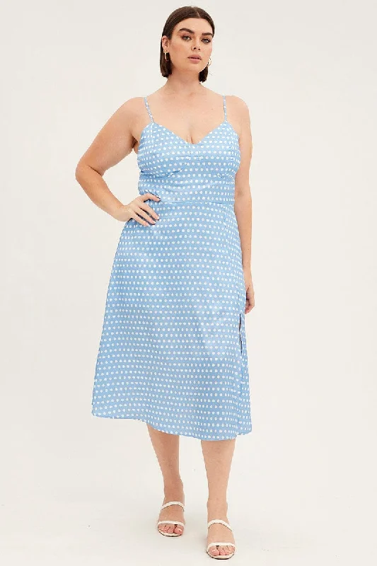 Blue Polka Dot Midi Dress Strappy Front Split Satin