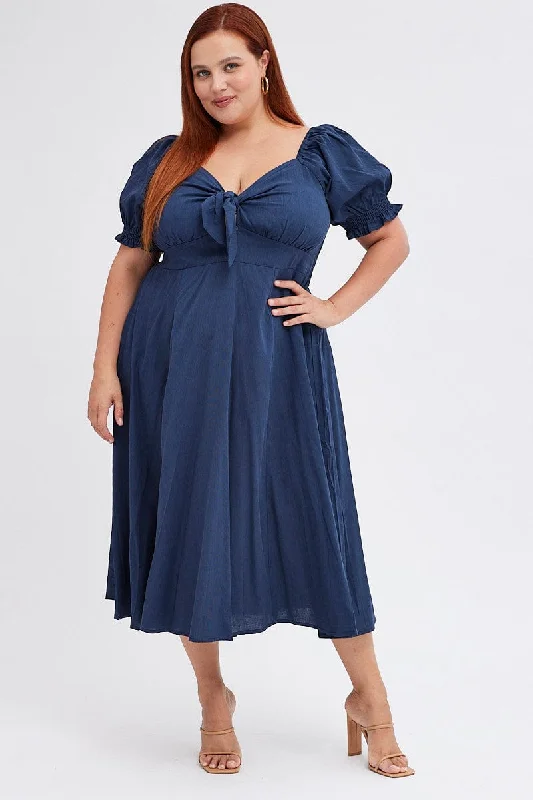 Blue Tie Front Button Midi Dress