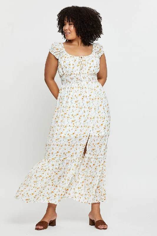 Boho Print Maxi Dress Scoop Neck Short Sleeve