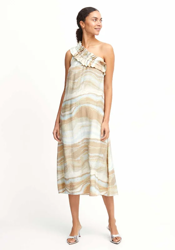 B.Young Hamma Marble Print One Shoulder Maxi Dress, Cement Marble