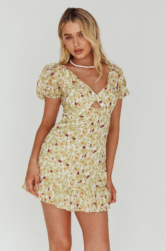 Connie Puff Sleeve Mini Dress Floral Olive