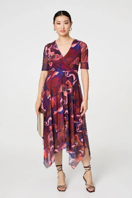 Printed Semi Sheer 1/2 Sleeve Midi Dress