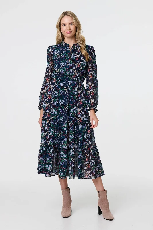 Floral Print Semi Sheer Midi Dress