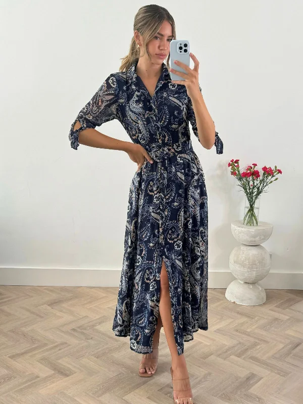 Daphne Belted Shirt Dress / Blue Paisley