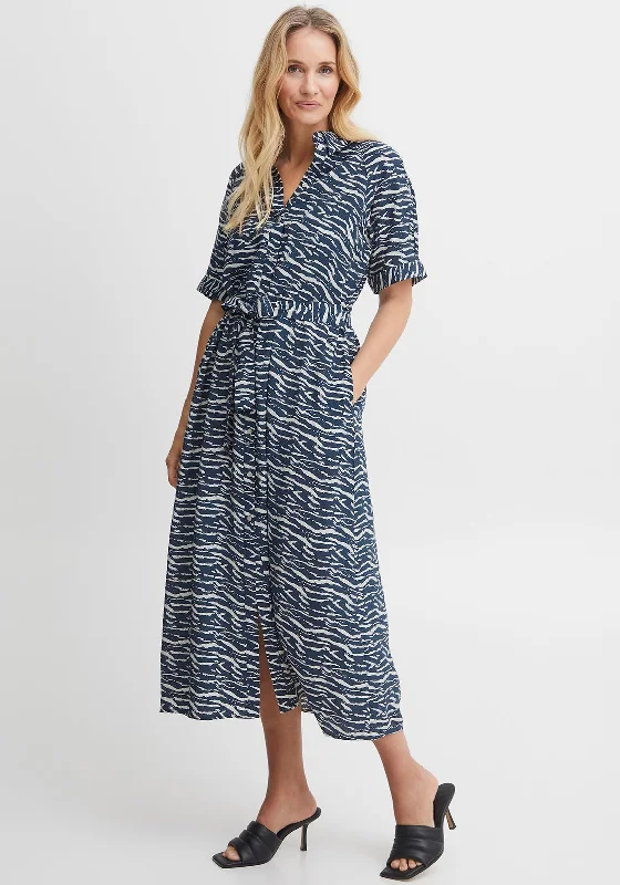 Fransa Tiger Print Pattern Shirt Dress, Navy