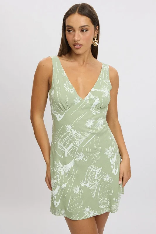 Green Abstract A Line Mini Dress Sleeveless