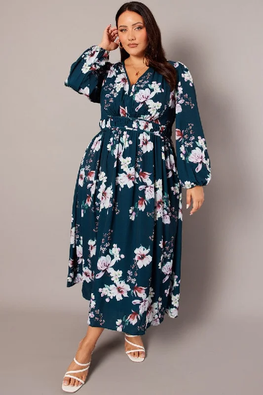 Green Floral Maxi Dress Long Sleeve V-neck