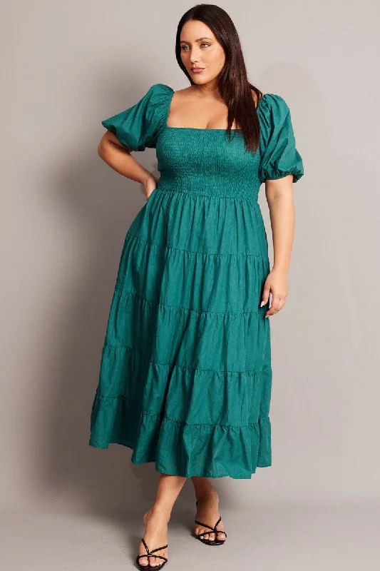 Green Maxi Dress Short Sleeve Tiered Tie Back