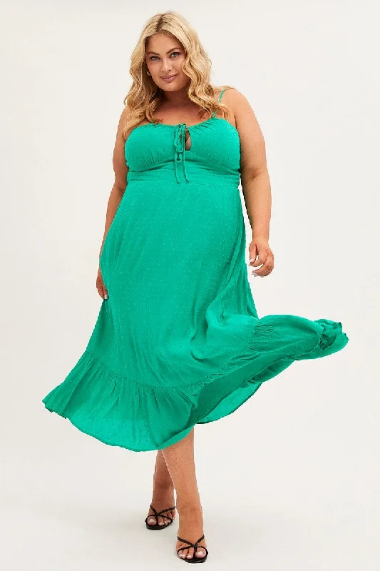 Green Midi Dress Shoestring Strap Gather Bust Frill Hem