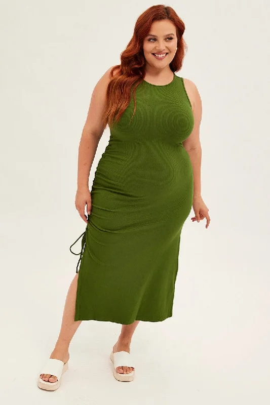 Green Midi Dress Sleeveless Rib Jersey Drawstring