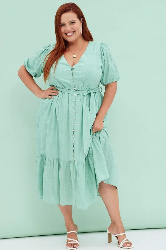 Green Sage Short Sleeve Textured Button Midi Dress