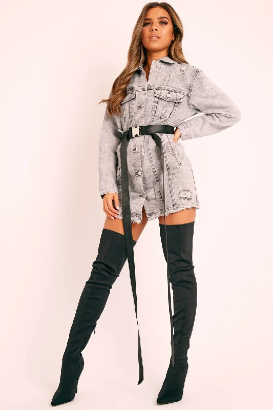 Grey Distressed Long Sleeve Denim Shirt Dress - Jacia