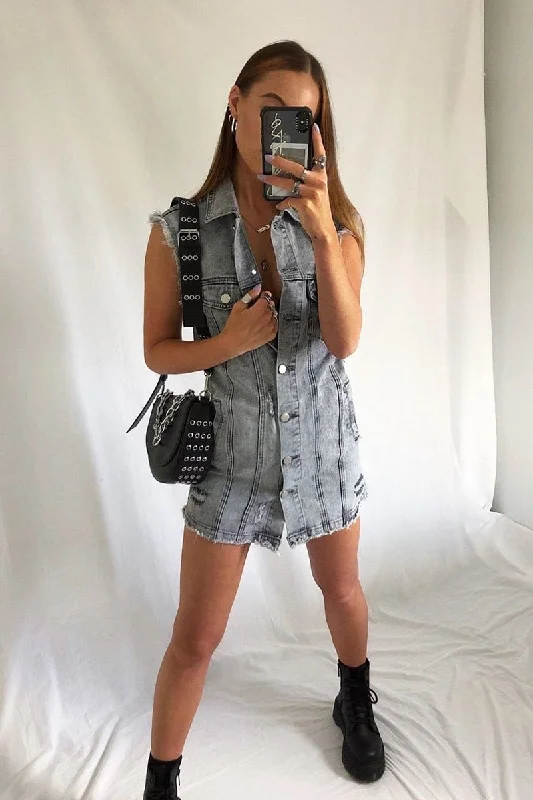 Grey Wash Distressed Sleeveless Denim Shirt Dress - Idaliz