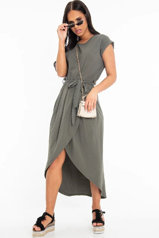 Khaki Scoop Neck Belted Wrap Maxi Dress - Allie