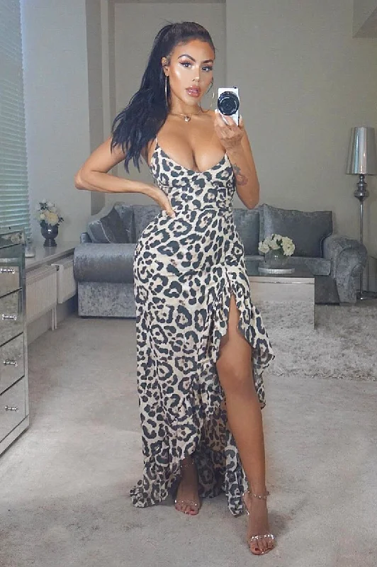 Leopard Split Front Ruffle Hem Maxi Dress - Kaela