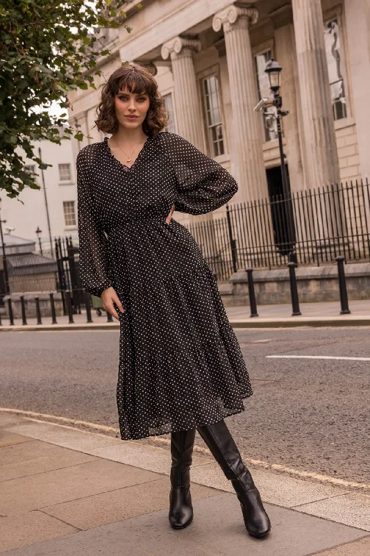 Long Sleeve Black Print Valentina Midi Dress