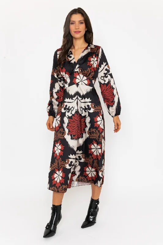 Long Sleeve Cliodhna Midi Dress Sateen Brown Print