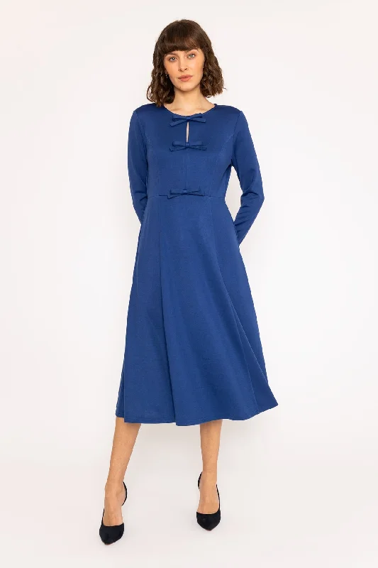 Long Sleeve Cobalt Blue Bow Midi Dress