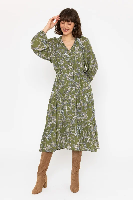 Long Sleeve Green Print Valentina Midi Dress