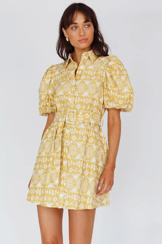 Nanette Puff Sleeve Belted Mini Dress Print Yellow