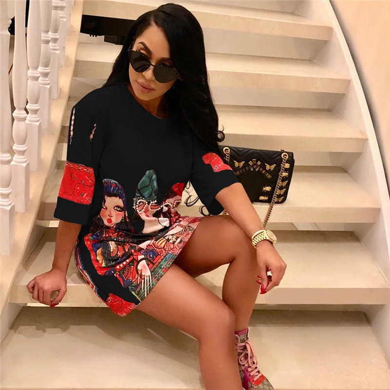 New Summer Short Sleeve T Shirt Dress Women Fashion Cartoon Print Hip Hop Loose Mini Dress Ladies Casual Shift Dresses Plus Size