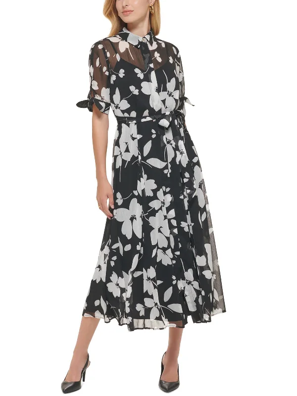 Petites Womens Floral Print Chiffon Shirtdress