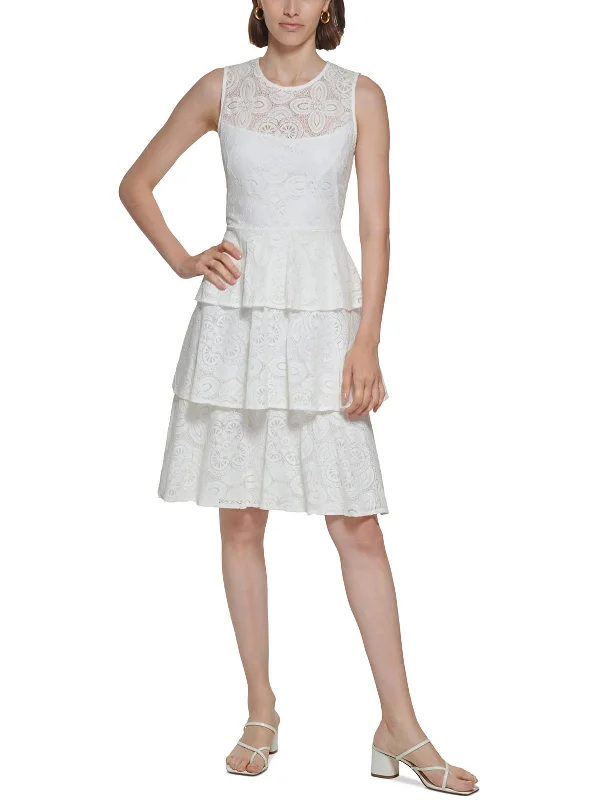 Petites Womens Lace Tiered Fit & Flare Dress