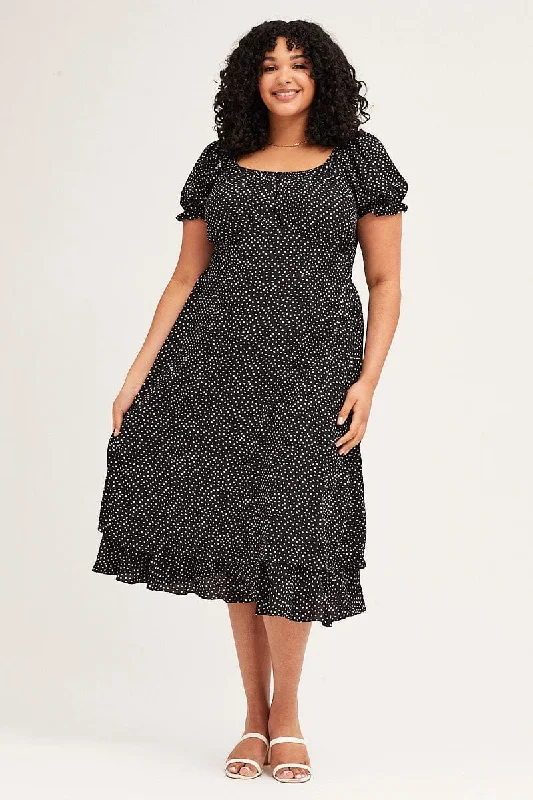 Polka Dot Short Sleeve Tie Back Midi Dress