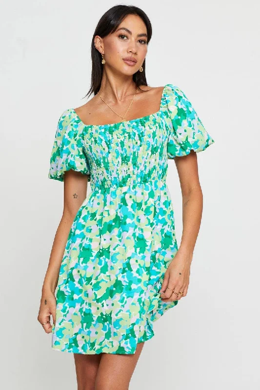 Print Fit And Flare Dress Short Sleeve Square Neck