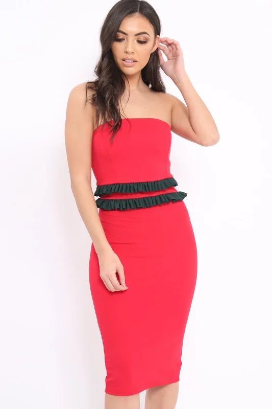 Red Bandeau Ruffle Midi Dress - Leigh