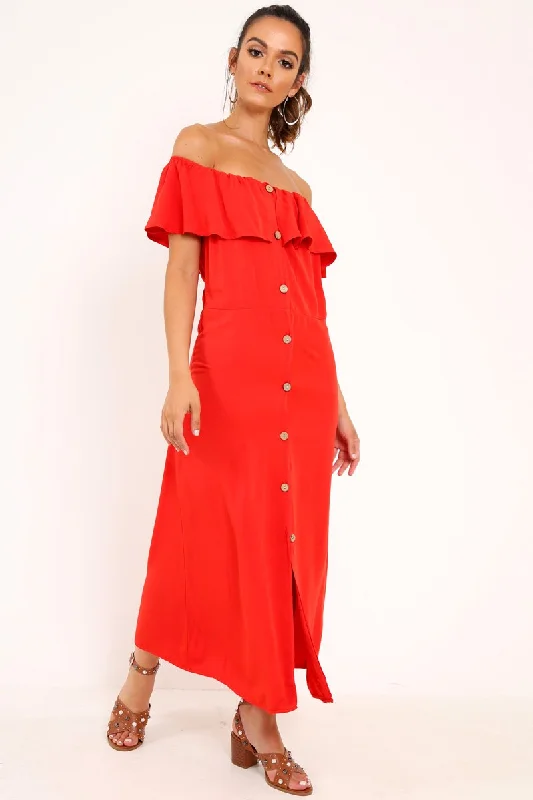 Red Bardot Frill Button Front Midi Dress - Clancy