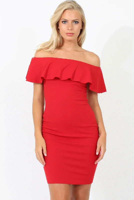 Red Bardot Frill Midi Dress - Lily