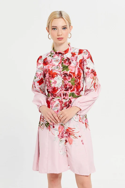 Women Red Floral Printed Buttoned Dress