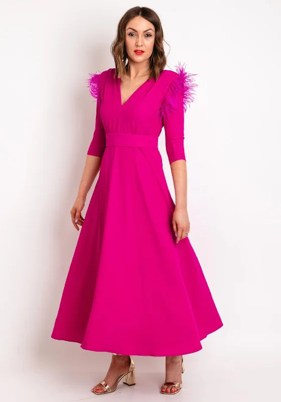 Role Mode Alena Feather Trim Shoulder Maxi Dress, Fuchsia