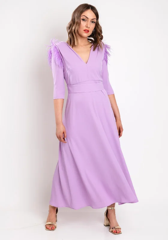 Role Mode Alena Feather Trim Shoulder Maxi Dress, Lilac