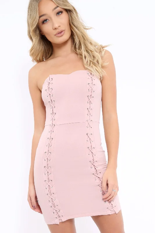 Rose Lace Up Front Bandeau Mini Dress - Lily