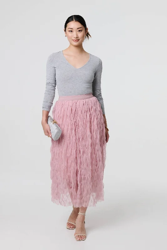 Ruffled High Waist Semi Sheer Midi Skirt