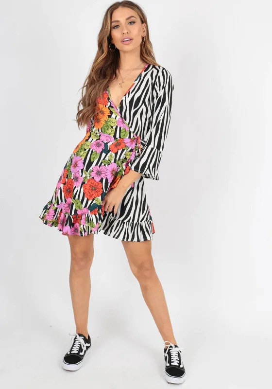 Seventy1 Zebra Floral Wrap Dress, Black