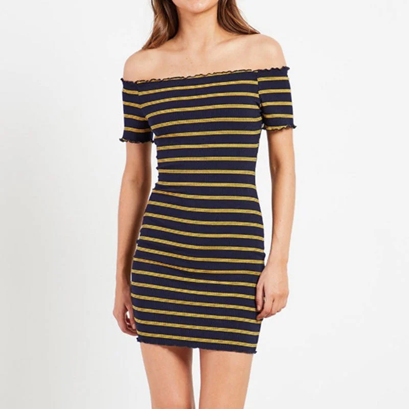 Sexy Striped Off Shoulder Slim Mini Dresses Women Vintage Short Sleeve Bodycon Dress Ladies Fashion Summer Dress Vestidos New
