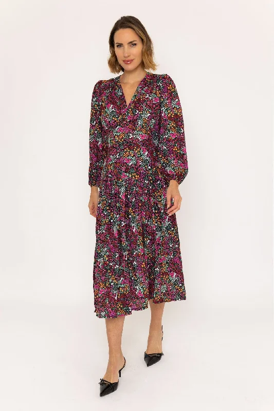 Siobhan Long Sleeve Black Print Midi Dress